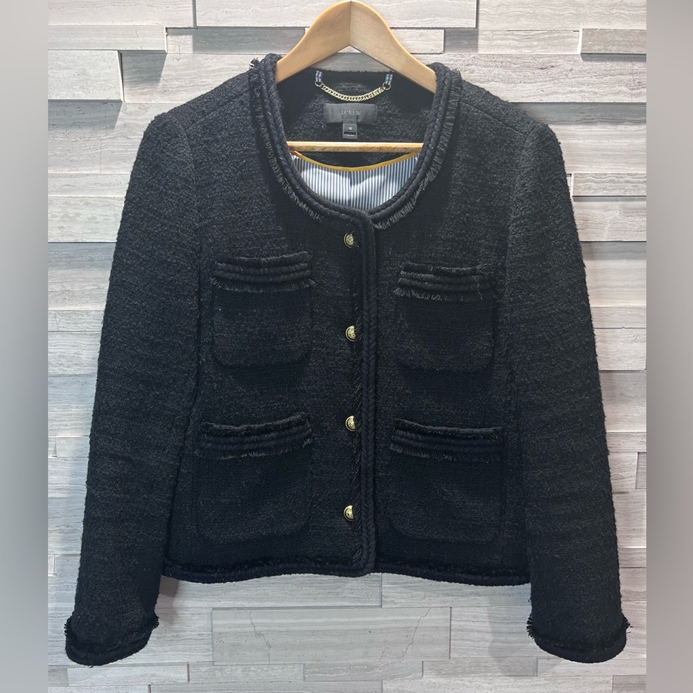 J. Crew black tweed jacket with gold button in size 10